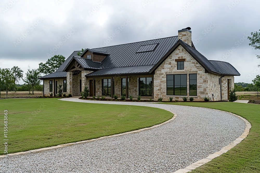 A large, single-story home with a stone exterior and black metal roof nestled in the countryside of Texas, surrounded by lush green grass fields on both sides. The house has multiple windows. A large, single-story home with a stone exterior and black metal roof nestled in the countryside of Texas, surrounded by lush green grass fields on both sides. The house has multiple windows.