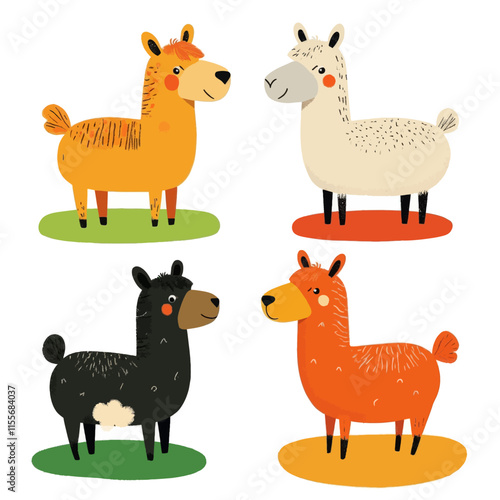 Four Colorful Alpacas Standing on Vibrant Bases