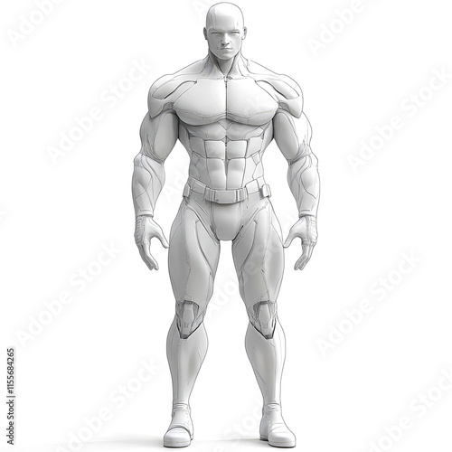 Muscular male superhero figure, white, front view.