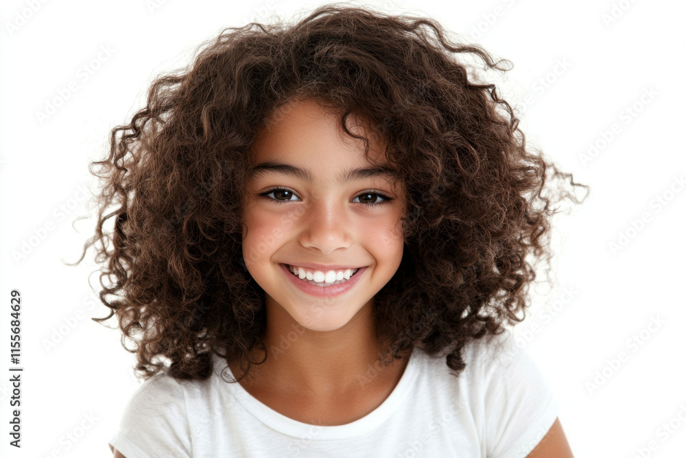 young girl with curly hair smiling widely, radiating joy and happiness. Her bright expression and playful demeanor create warm and inviting atmosphere young girl with curly hair smiling widely, radiating joy and happiness. Her bright expression and playful demeanor create warm and inviting atmosphere