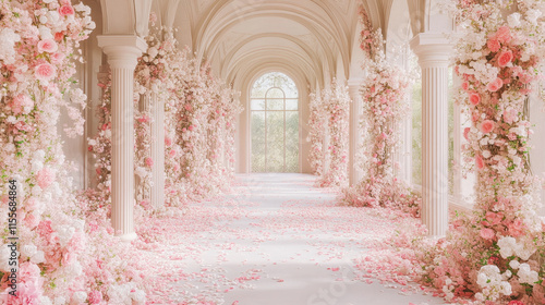 beautiful wedding venue adorned with pink and white flowers, creating romantic atmosphere. floral arrangements line elegant corridor, perfect for ceremonies