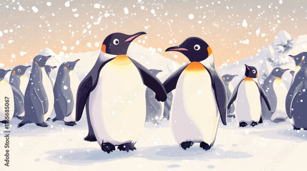 Fototapeta premium Two emperor penguins holding flippers in snowy landscape, surrounded by other penguins. scene captures heartwarming moment in winter wonderland