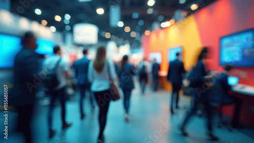 Blurred abstract people in expo event trade show exhibition hall. Business convention or job fair. Business concept background, 16:9 widescreen, 300 dpi, with free space for text