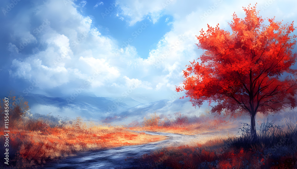 Autumn Landscape with Vibrant Red Tree and Serene Sky Autumn Landscape with Vibrant Red Tree and Serene Sky