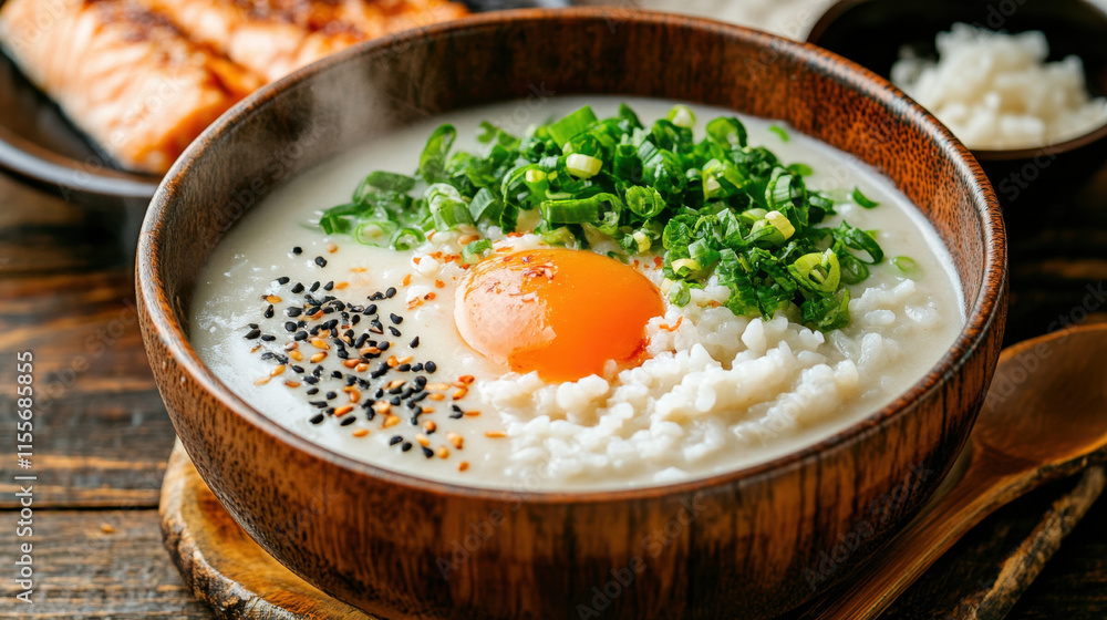 Breakfast, A delicious steaming bowl of miso soup accompanied by rice, perfect for showcasing traditional Japanese cuisine in a culinary or food-related context. Breakfast, A delicious steaming bowl of miso soup accompanied by rice, perfect for showcasing traditional Japanese cuisine in a culinary or food-related context.