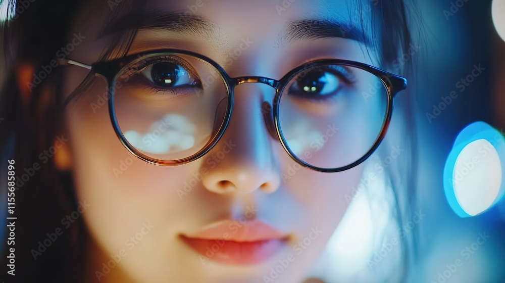 Fototapeta premium Close-up, young Asian business woman with eyeglasses working on laptop computer. Video call using laptop for online meeting and video conference from home office, 8k Rsolution