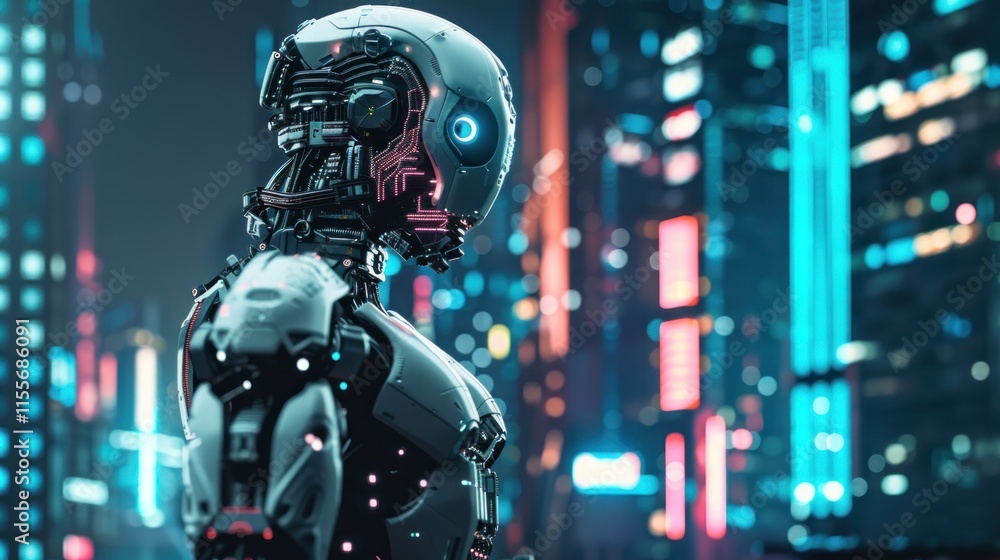 Cyberpunk Cityscape: Advanced Robot in Neon Metropolis Cyberpunk Cityscape: Advanced Robot in Neon Metropolis