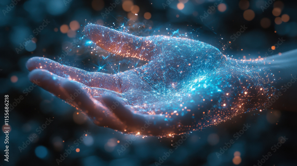 close up of hand glowing with shimmering blue and gold particles, creating magical effect. hand appears to be reaching out, evoking sense of wonder and enchantment close up of hand glowing with shimmering blue and gold particles, creating magical effect. hand appears to be reaching out, evoking sense of wonder and enchantment