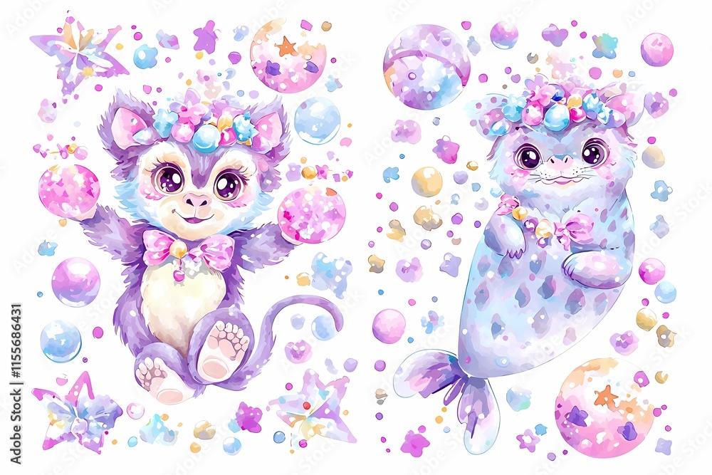 Obraz premium Cute Cartoon Characters with Colorful Decorations and Accessories
