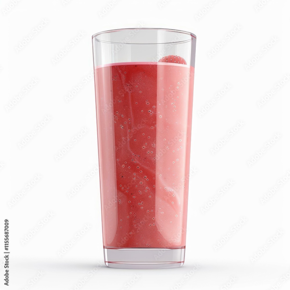 Glass with pink strawberry smoothie, bubbles, and a strawberry on top, isolated on white background Glass with pink strawberry smoothie, bubbles, and a strawberry on top, isolated on white background