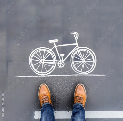 An overhead shot of a man's casual footwear and a bicycle sketch on asphalt, representing a green way to travel in urban areas. photo