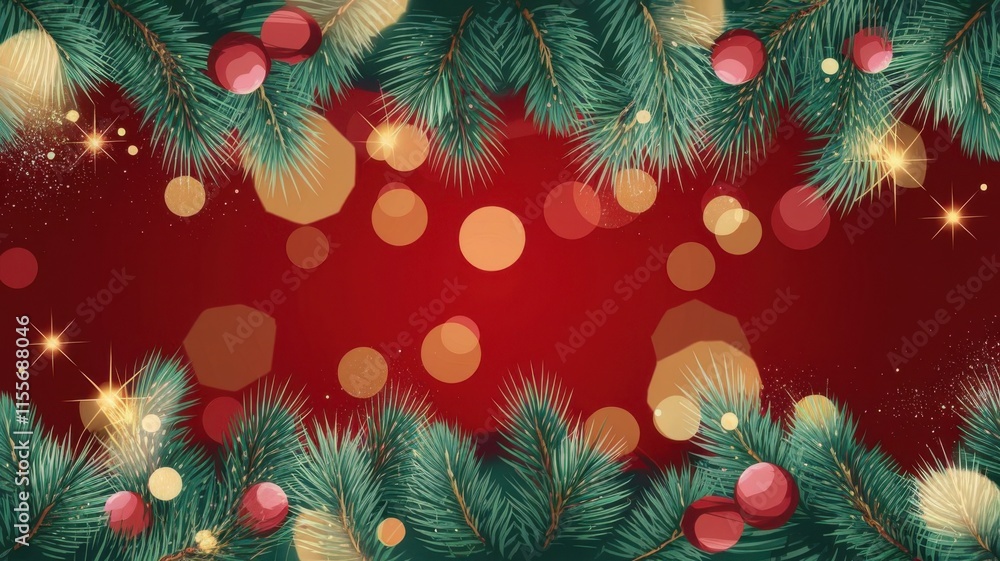 Christmas decoration border with fir branches, golden glitter confetti, and bokeh on red festive background Christmas decoration border with fir branches, golden glitter confetti, and bokeh on red festive background