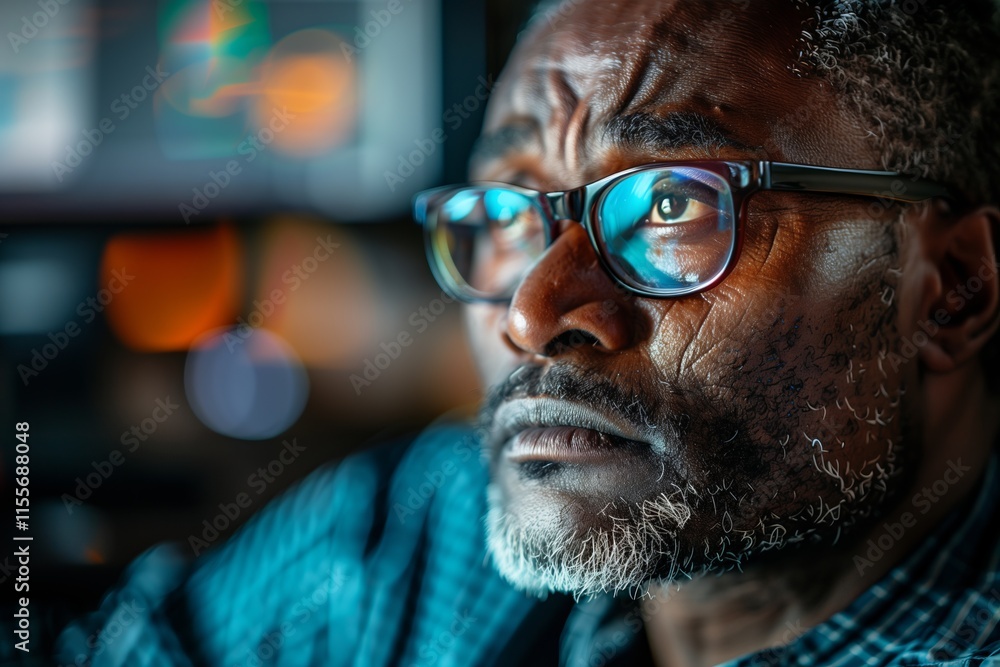 A focused man wearing glasses, deep in thought while working on a digital project in a modern workspace. A focused man wearing glasses, deep in thought while working on a digital project in a modern workspace.