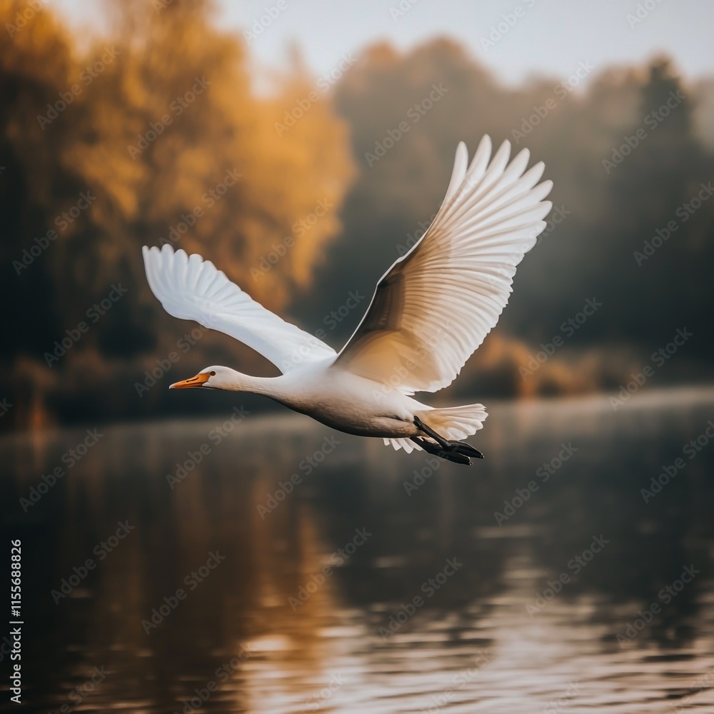 Obraz premium A beautiful photograph of an elegant white bird with an orange beak and long neck, gracefully flying over calm water in autumn.