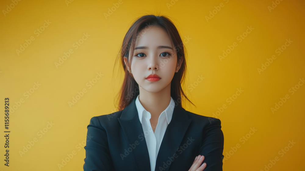confident woman in black suit stands with arms crossed against bright yellow background, exuding professionalism and determination confident woman in black suit stands with arms crossed against bright yellow background, exuding professionalism and determination