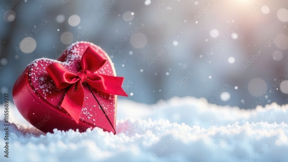 A red heartshaped gift box with a bow is in the snow with blurred bokeh background A red heartshaped gift box with a bow is in the snow with blurred bokeh background