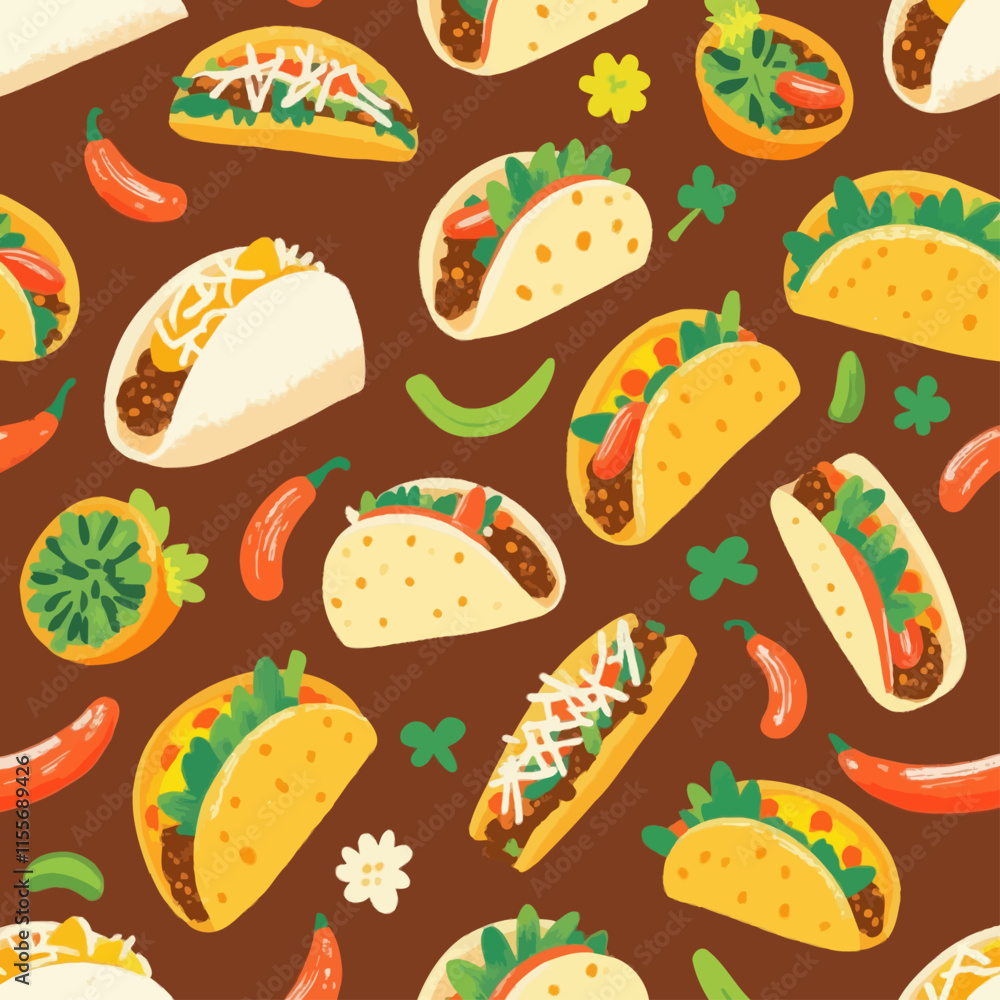 Colorful Taco Pattern with Peppers and Lettuce Colorful Taco Pattern with Peppers and Lettuce