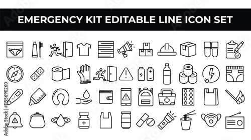 Emergency Kit Editable Line Icon Set vector. Minimalist vector icons for disaster preparedness, survival supplies, and essential tools, ideal for infographics, apps, and emergency guides.