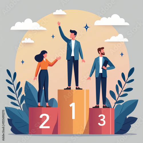 People standing on podium receiving top three, employee recognition and competition winners, business style design vector illustration.