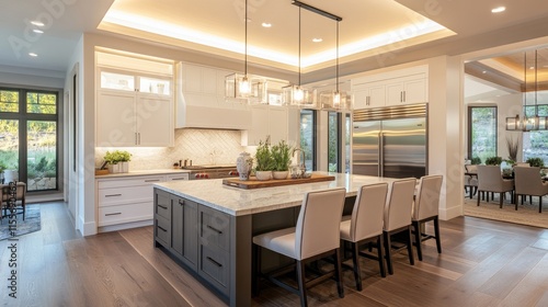 Elegant kitchen island illuminated by parallel linear LED lights recessed into the ceiling, emphasizing clean lines and functionality.