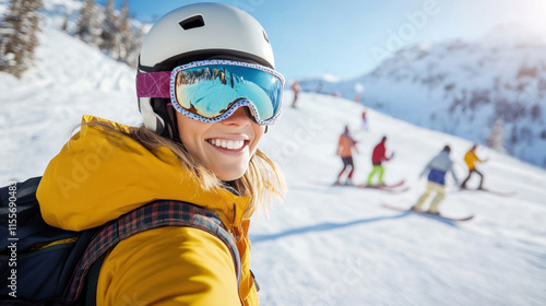 Australian woman snowboarding with helmet and goggles at slope snow mountain