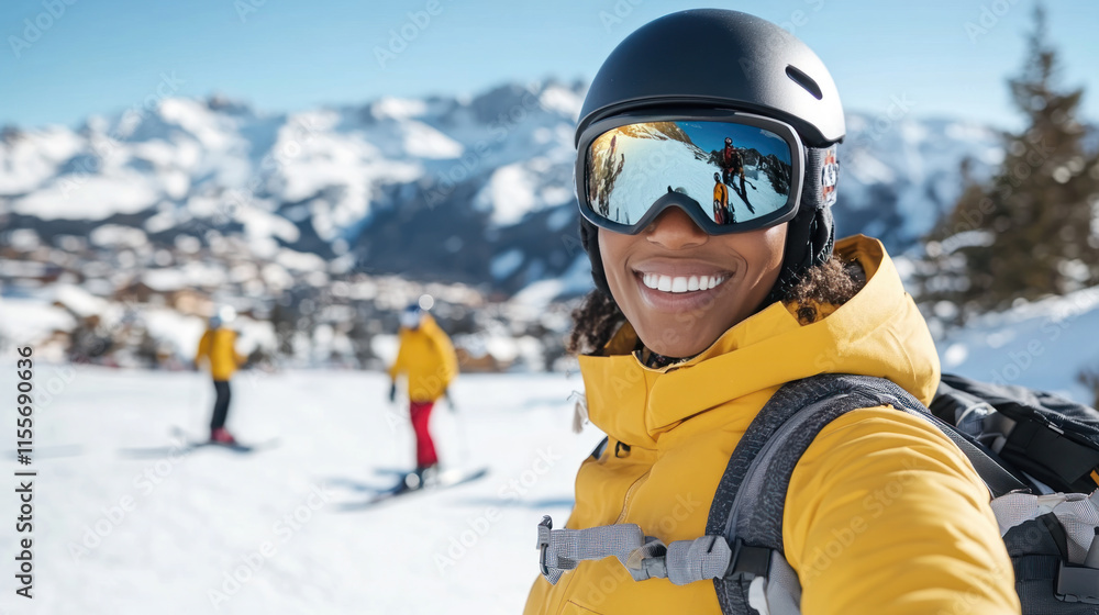Black woman snowboarding with helmet and goggles at slope snow mountain Black woman snowboarding with helmet and goggles at slope snow mountain
