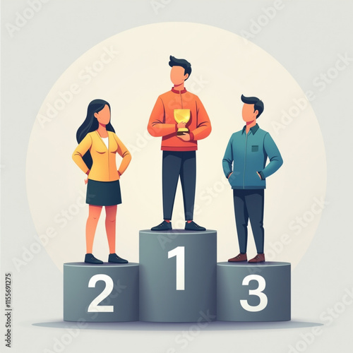People standing on podium receiving top three, employee recognition and competition winners, business style design vector illustration.
