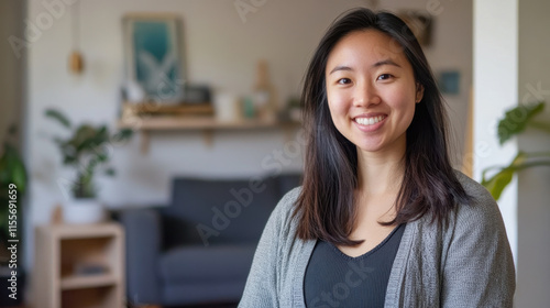 friendly smiling woman with long hair poses in cozy living room, showcasing warm atmosphere. background features plants and modern decor, creating welcoming vibe Free Download friendly smiling woman with long hair poses in cozy living room, showcasing warm atmosphere. background features plants and modern decor, creating welcoming vibe - GFXLoad