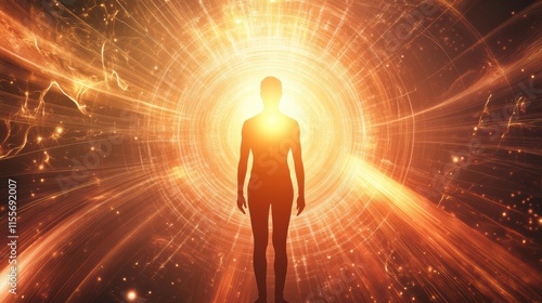 A representation of the human form amidst vivid energy patterns and light, emphasizing the exploration of the body's inner workings through magnetic resonance imaging