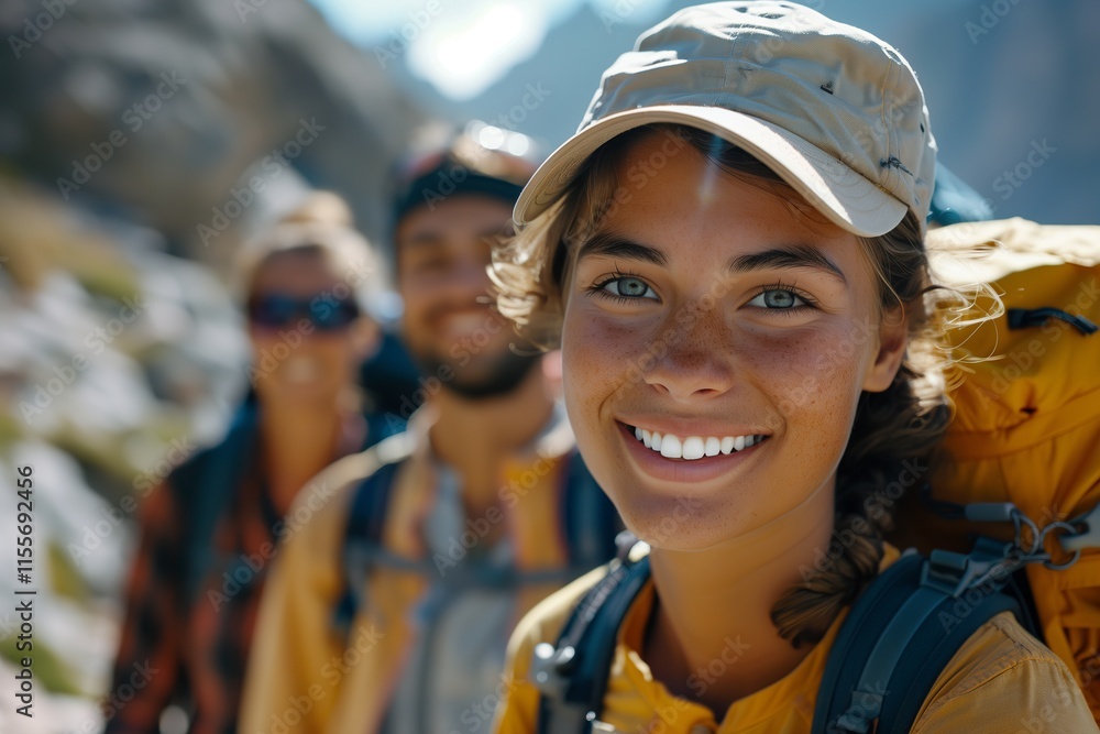 A happy group of hikers enjoying their adventure in the mountains, showcasing the beauty of nature and camaraderie. A happy group of hikers enjoying their adventure in the mountains, showcasing the beauty of nature and camaraderie.