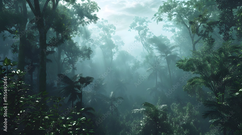 Fototapeta premium Lush Green Jungle with Sunlight Filtering Through Dense Canopy