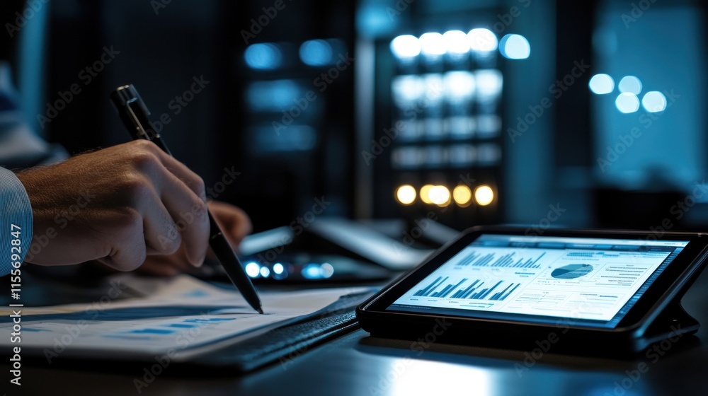 Late Night Financial Analysis: A Businessman Reviews Data on Tablet and Documents Late Night Financial Analysis: A Businessman Reviews Data on Tablet and Documents