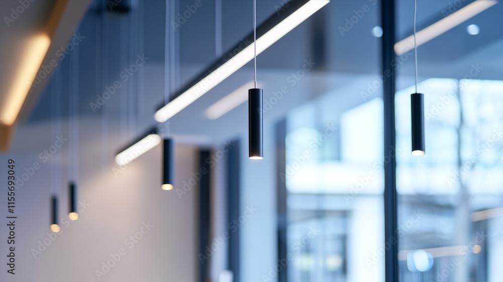 Fototapeta premium Modern retail showroom featuring suspended linear LED lights highlighting minimalist displays and open, airy design