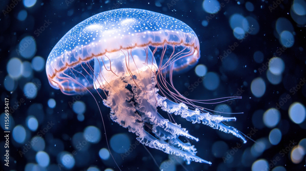 Obraz premium mesmerizing jellyfish floats gracefully in dark sea, illuminated by bioluminescent patterns. Its long tentacles sway gently, creating captivating underwater scene