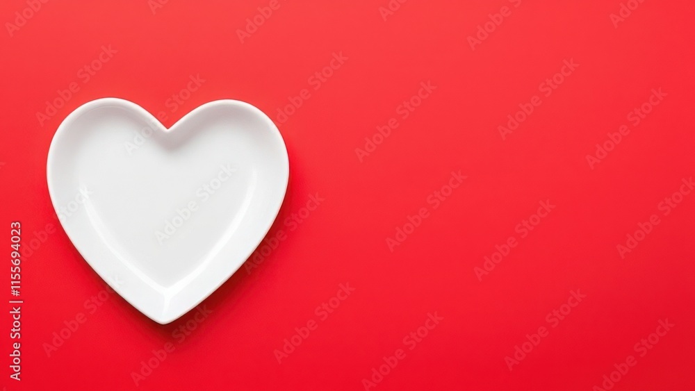 Top view of a heart-shaped white plate on a vibrant red paper background, empty space in the center for adding text or design, minimalist composition Top view of a heart-shaped white plate on a vibrant red paper background, empty space in the center for adding text or design, minimalist composition