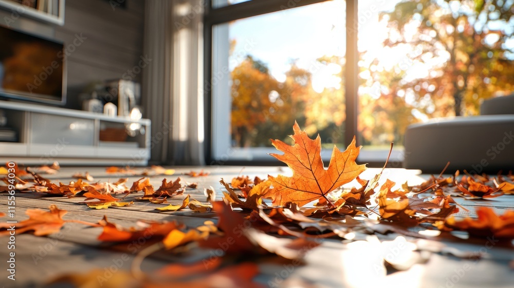 A cozy indoor scene showcasing scattered autumn leaves on the floor, illuminated by warm sunlight through a large window, evoking a peaceful fall atmosphere. A cozy indoor scene showcasing scattered autumn leaves on the floor, illuminated by warm sunlight through a large window, evoking a peaceful fall atmosphere.