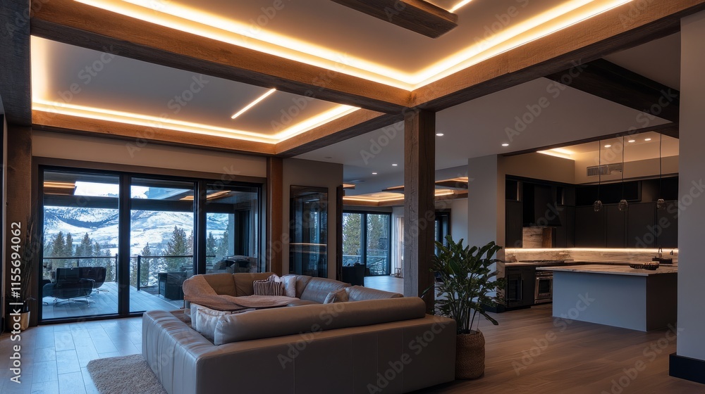 Fototapeta premium Spacious loft with exposed beams and a continuous linear LED strip accentuating the architectural details in the open space.