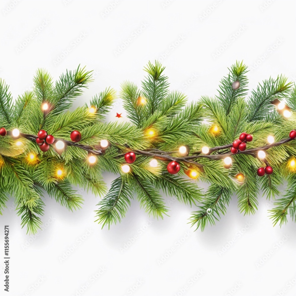 Festive Christmas garland with pine branches, lights, and ornaments. Festive Christmas garland with pine branches, lights, and ornaments.