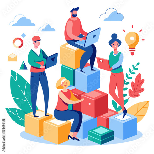 Developers collaborating and building blocks of a growing system in a colorful workspace