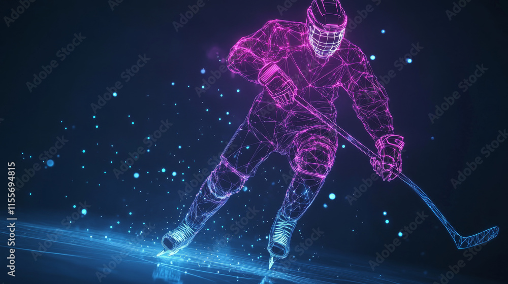 Hologram hockey. Consists of polygons, triangles of points and lines. Hockey player low poly compound structure. The technology concept. Hologram hockey. Consists of polygons, triangles of points and lines. Hockey player low poly compound structure. The technology concept.
