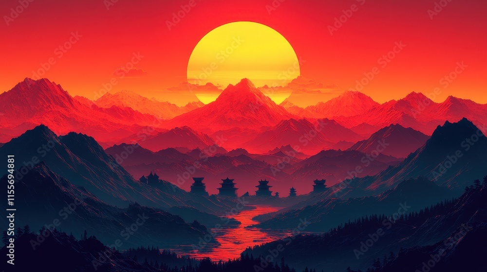 Obraz premium Serene Japanese Landscape with Sunset Over Majestic Mountains