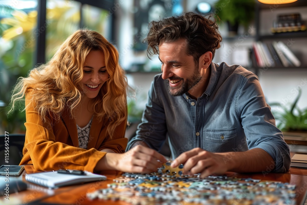 Fototapeta premium A joyful couple enjoys assembling a colorful puzzle together in a bright and cozy space.