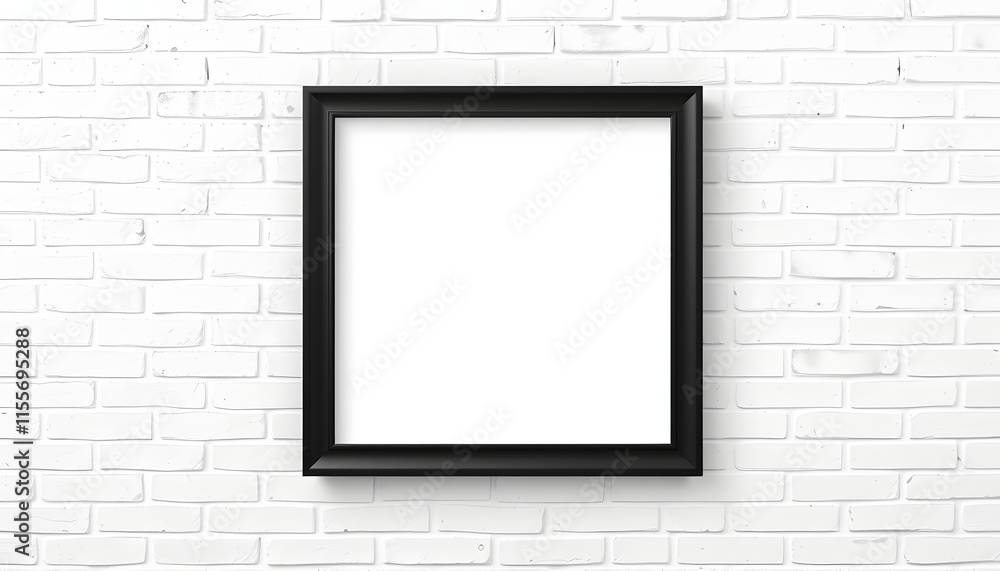 Blank black picture frame template for place image or text inside on white brick wall, one line art. isolated with white shades Blank black picture frame template for place image or text inside on white brick wall, one line art. isolated with white shades