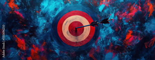 hyper realistic photo of wooden target board with arrow striking center, surrounded by vibrant colors and abstract patterns, creating dynamic visual impact photo