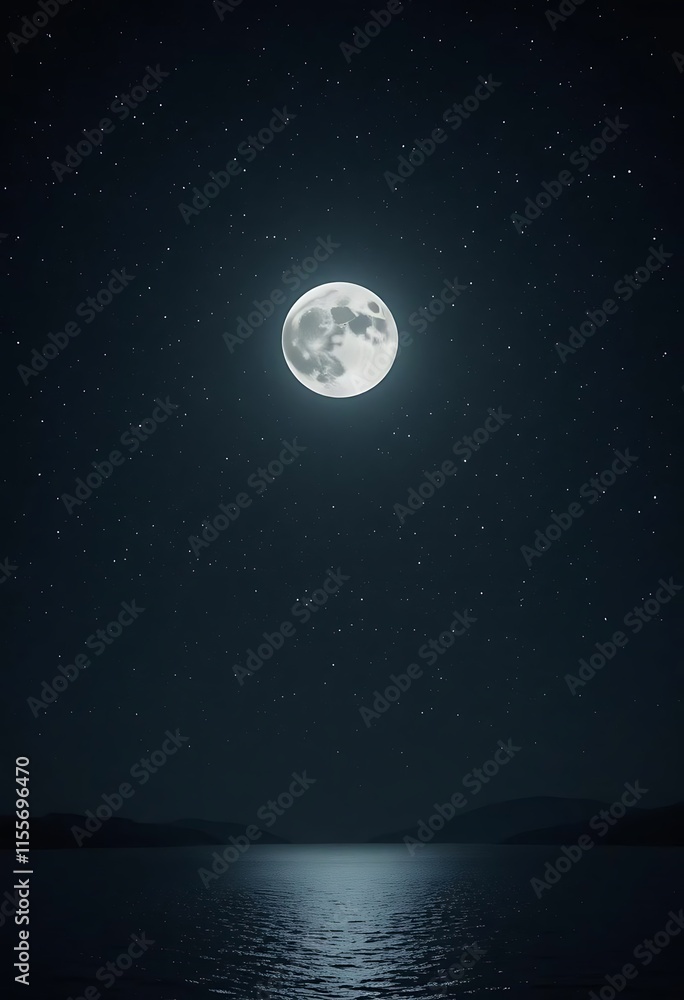 Full Moon Over Calm Water And Starry Night Sky Full Moon Over Calm Water And Starry Night Sky