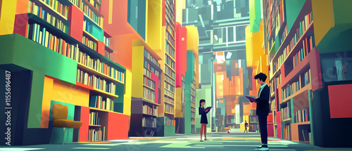 vibrant futuristic library filled with colorful bookshelves and people reading