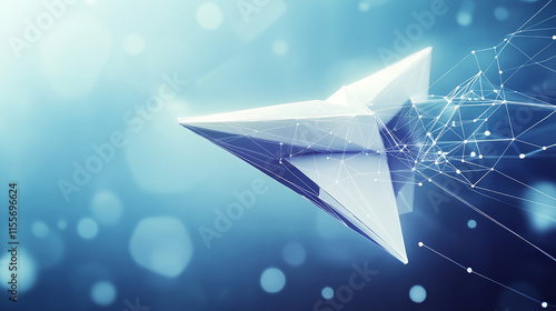 A polygonal paper airplane gliding through its route, designed with triangles, dots, and a network of lines. This low-poly structure illustrates a modern technological aesthetic in vector format.