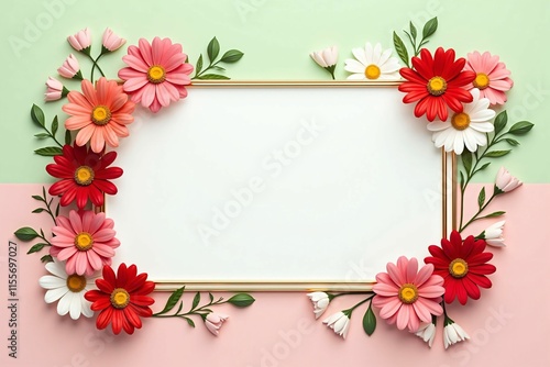 Beautiful Floral Border with Cosmos and Daisy Flowers on Pastel Background for Invitations and Greetings