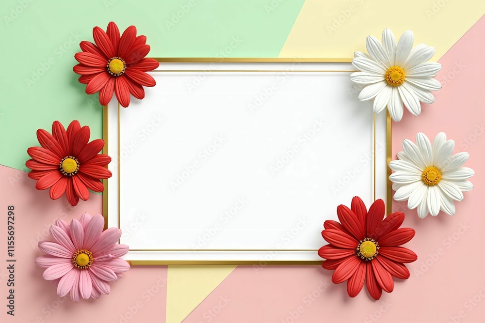 Elegant Floral Frame with Daisies and Cosmos on Soft Pastel Background for Seasonal Designs Elegant Floral Frame with Daisies and Cosmos on Soft Pastel Background for Seasonal Designs