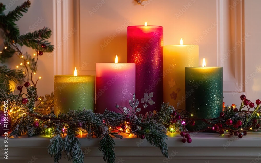 A set of colorful pillar candles on a mantel, decorated with winter garlands and fairy lights